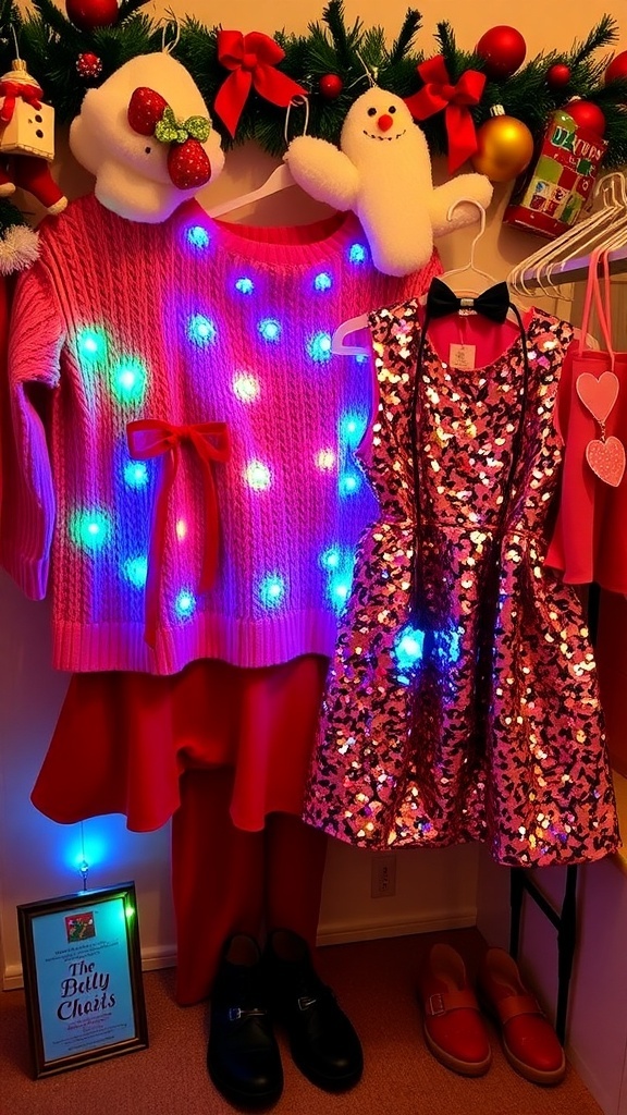 A collection of charming Christmas outfits with lights, including a sweater, dress, and festive accessories.